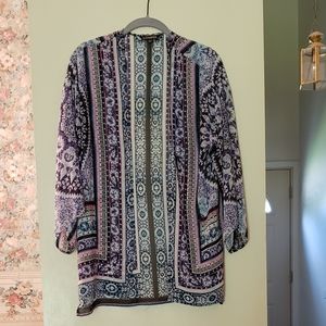Lilac, black, white, blue print sheer kimono NWOT